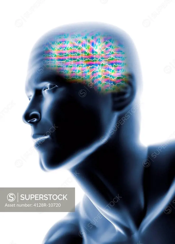 Human head with EEG brainwaves