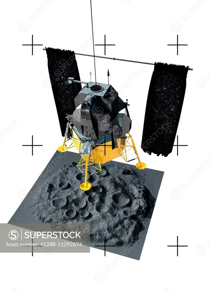 Artwork of spacecraft landing on the moon.