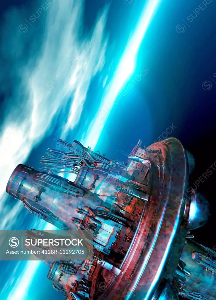 Artwork of a mining platform in space.