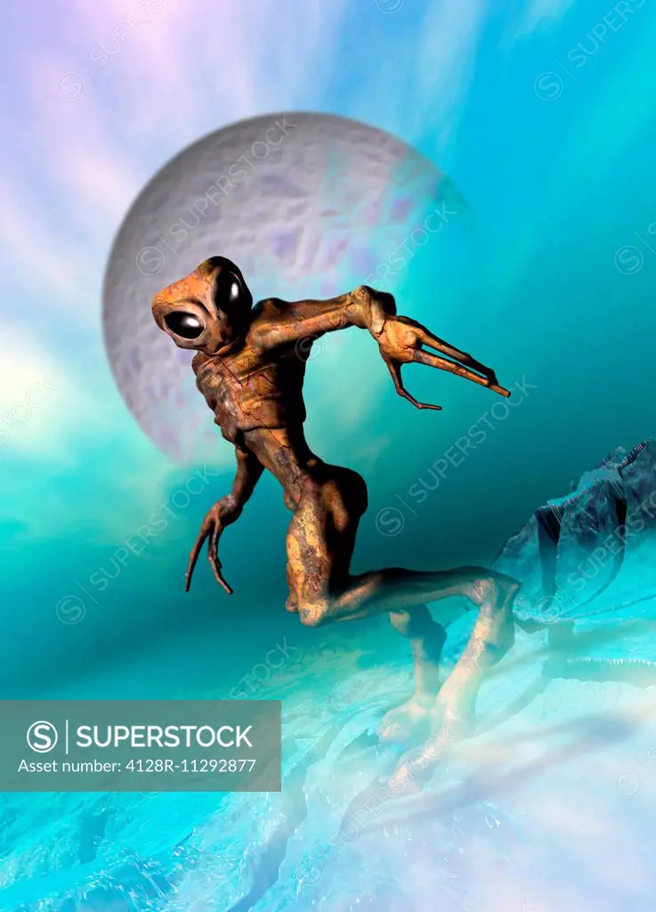 Artwork of an alien on a distant planet.