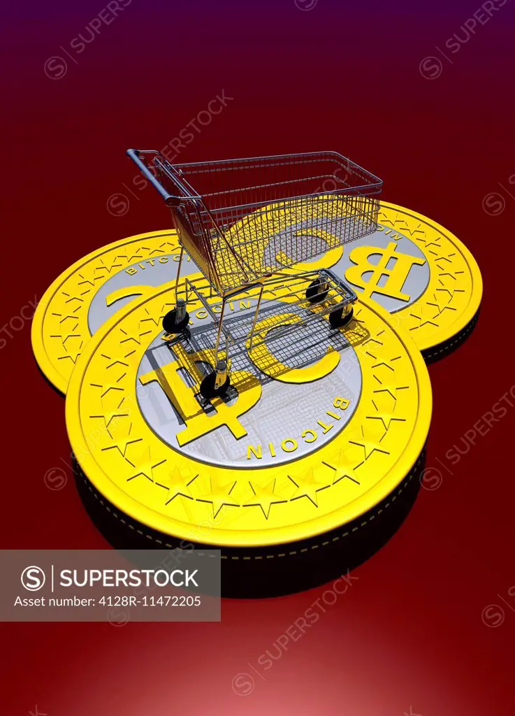 Bitcoins and shopping trolley, computer artwork.