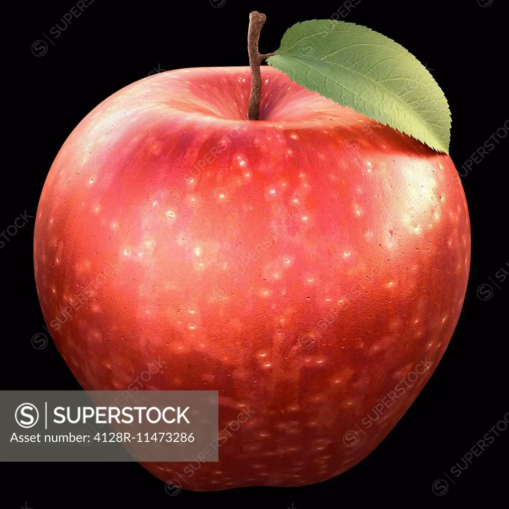 Red apple against a black background, computer artwork.
