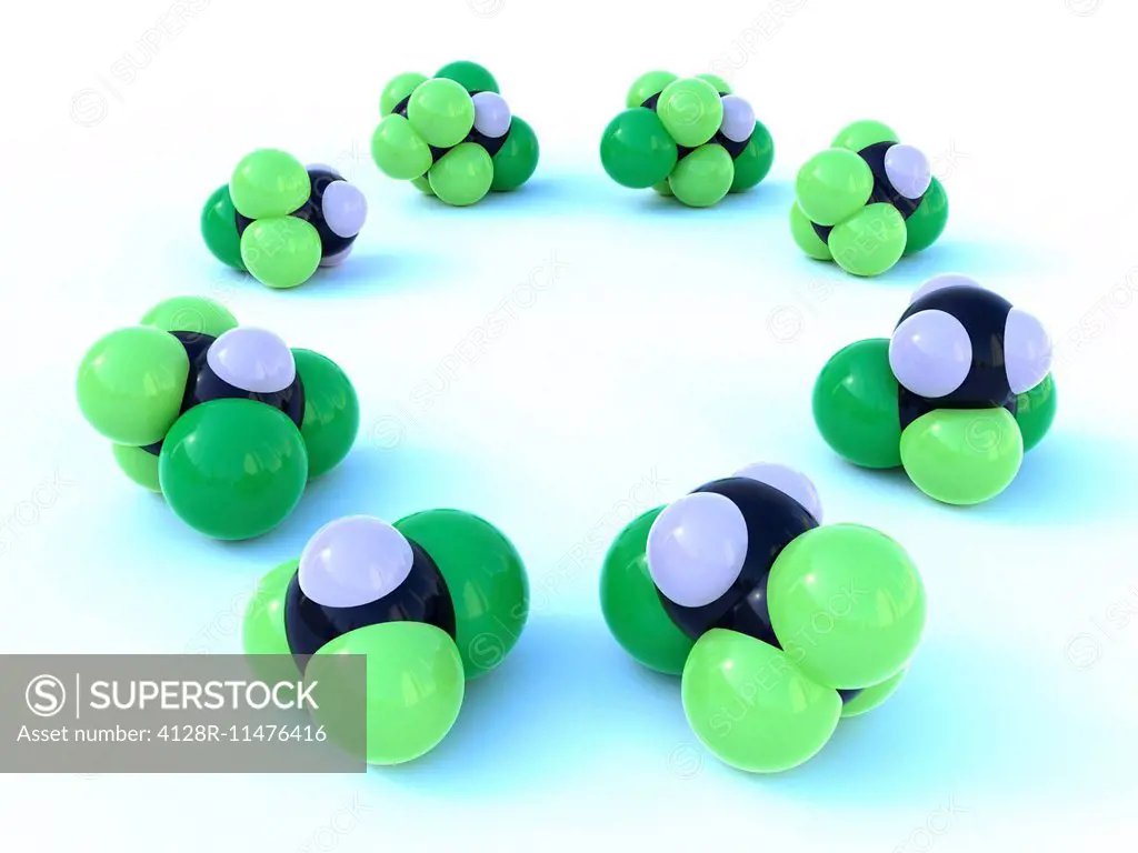 Hydrochlorofluorocarbon molecular structures, computer artwork.
