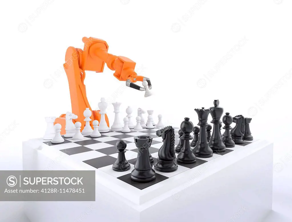Robotic arm playing chess, computer artwork.
