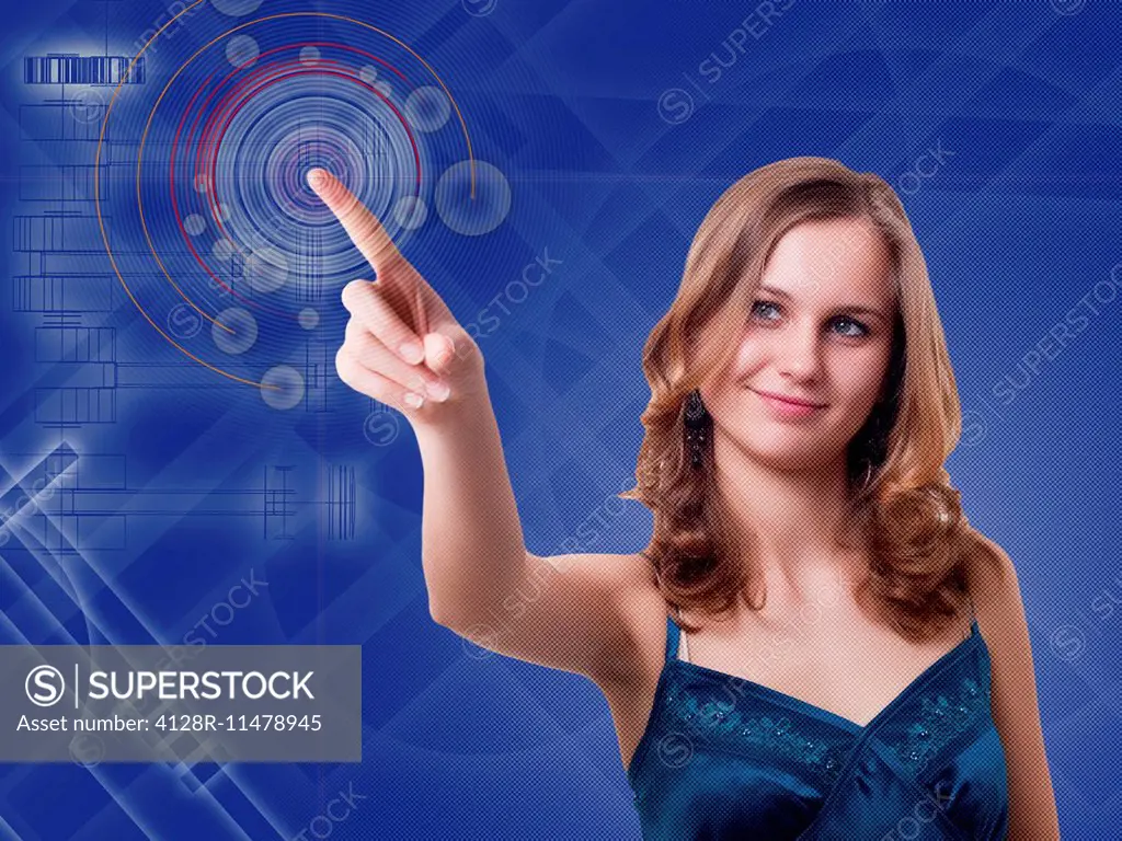 MODEL RELEASED. Woman using touchscreen technology.