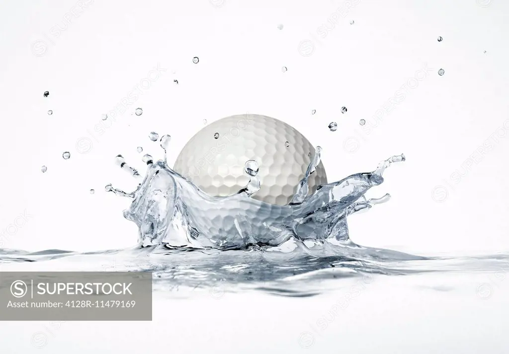 Golf ball splashing into water, computer artwork.