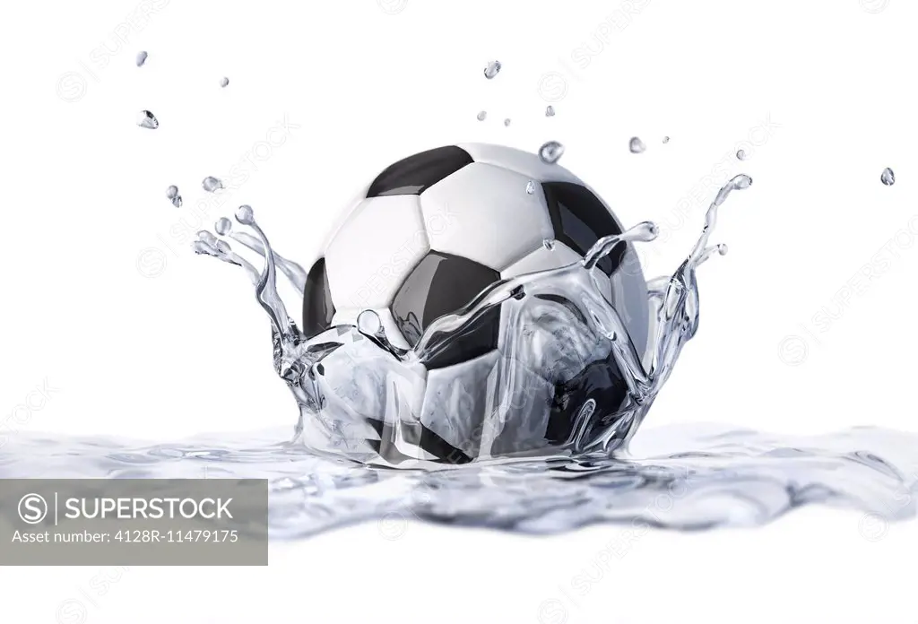 Football splashing into water, computer artwork.