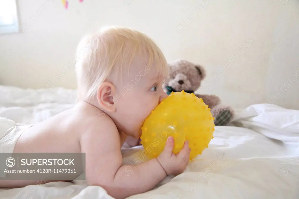 baby eats a yellow ball. Model release Available
