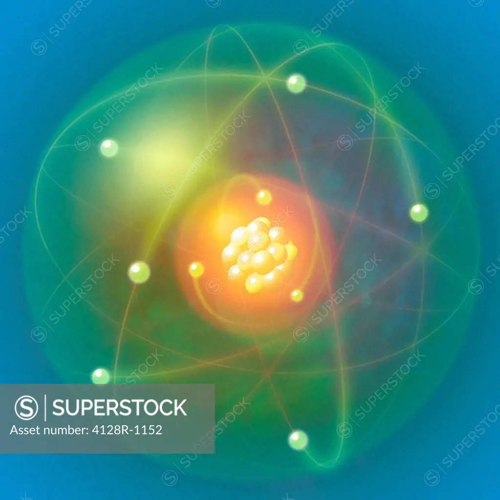 Atomic structure. Conceptual computer artwork of electron orbit paths as rings around the central nucleus yellow of an atom.