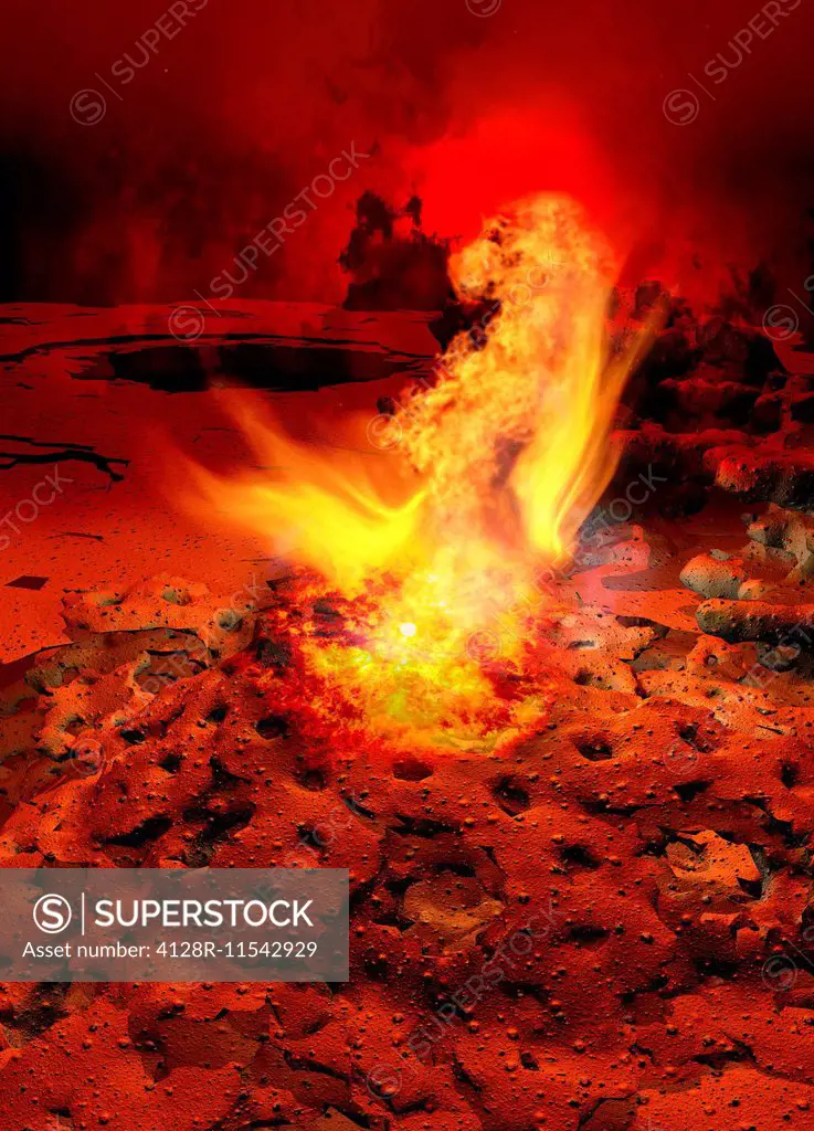 Planet with rocks and flames, computer illustration.