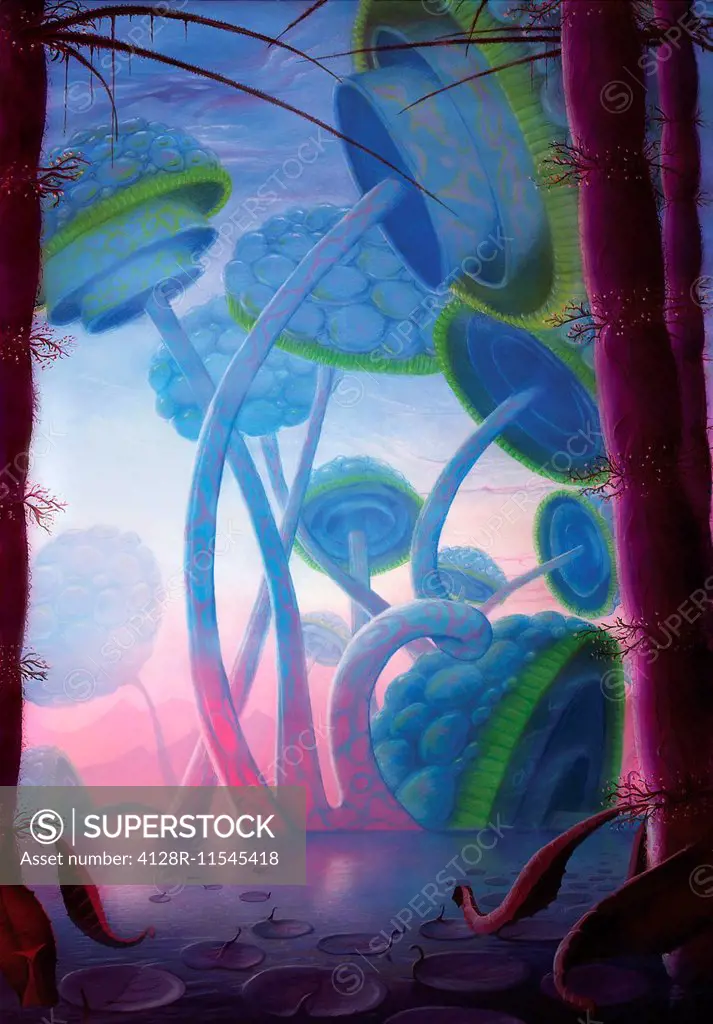Illustration depicting giant water-based plants, somewhat like mushrooms, on an alien planet. Astronomers are finding more and more planets around nea...