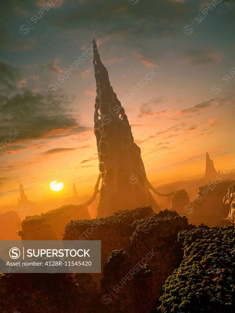 Illustration depicting alien constructions on an extrasolar planet. Astronomers are finding more and more planets around nearby stars. Planets, it see...