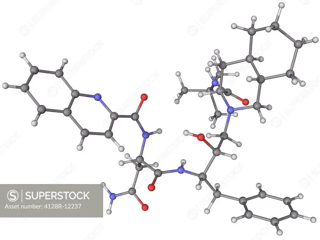 Saquinavir AIDS drug, molecular model. This is a protease inhibitor marketed as Invirase and Fortovase. Atoms are represented as spheres and are colour-coded: carbon (grey), hydrogen (white), nitrogen (blue) and oxygen (red).