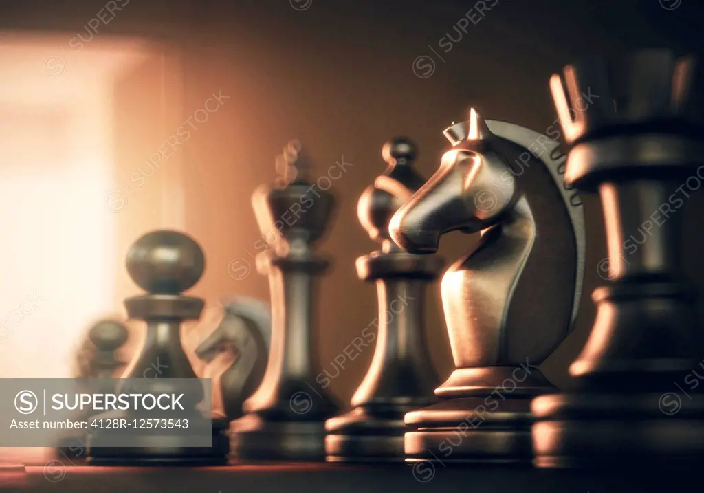 Chess board and pieces, computer illustration.