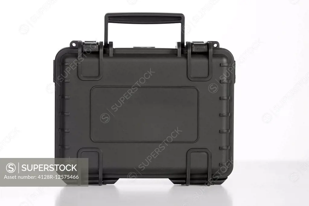 Black briefcase against a white background.