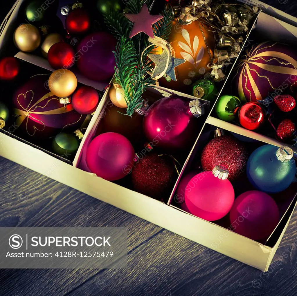 Christmas baubles in a box.