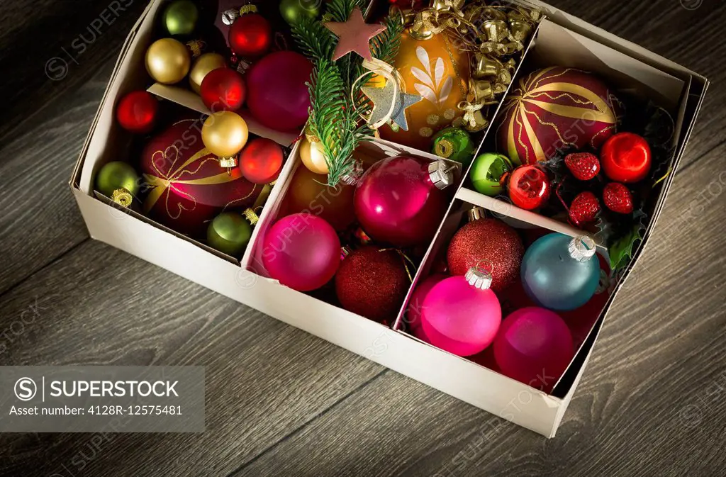 Christmas baubles in a box.