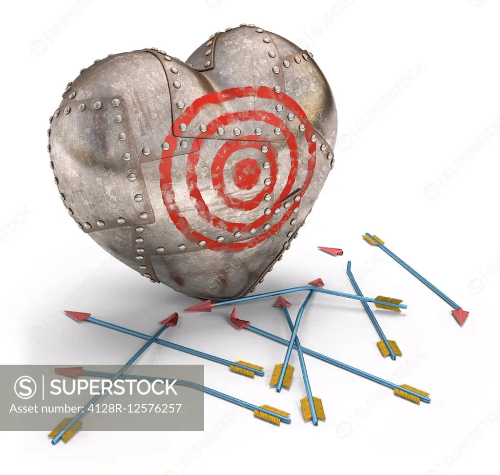 Metal heart with a target and arrows, computer illustration.