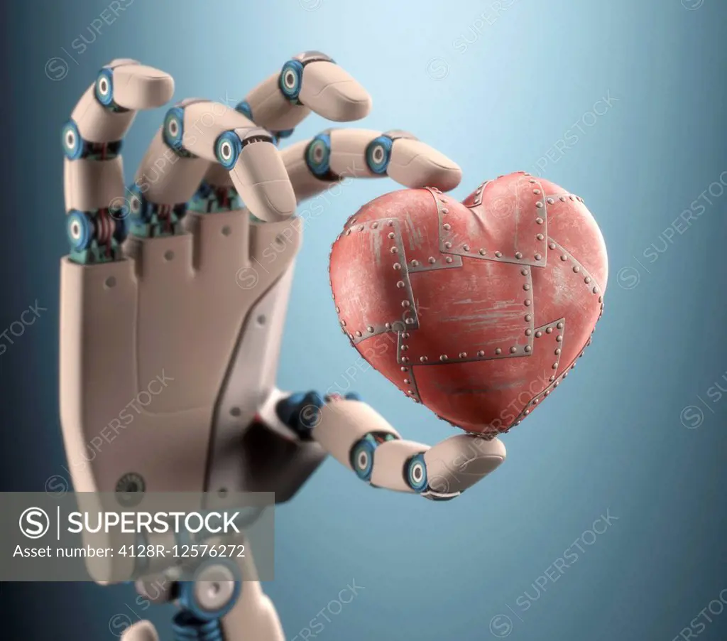 Robotic hand holding red metal heart, computer illustration.