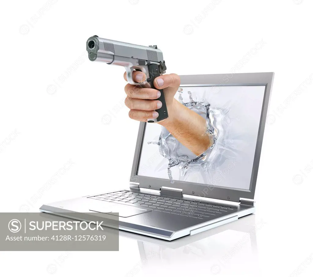 Laptop with a hand holding a gun, computer illustration.