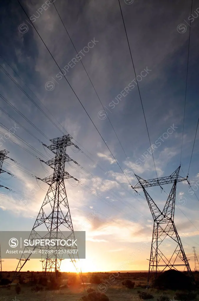 Electricity pylons and power lines, near Langebaan, Western Cape, South Africa.