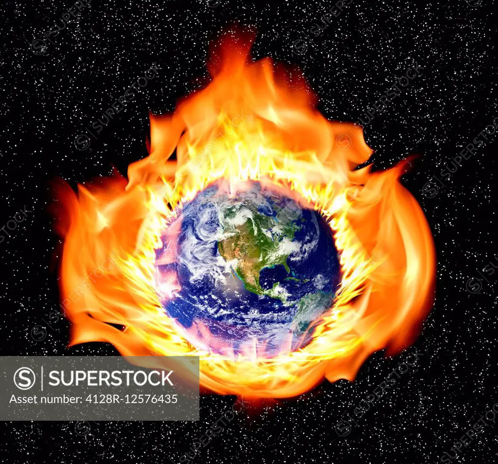 Planet earth in flames, computer illustration.