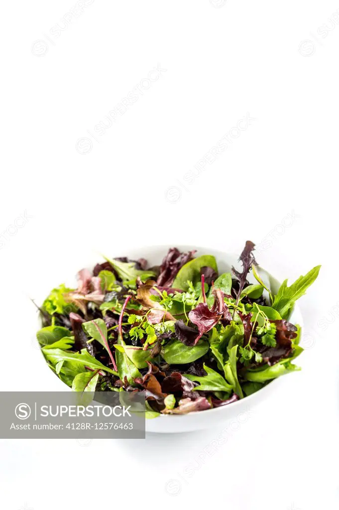 Salad leaves in a white bowl.