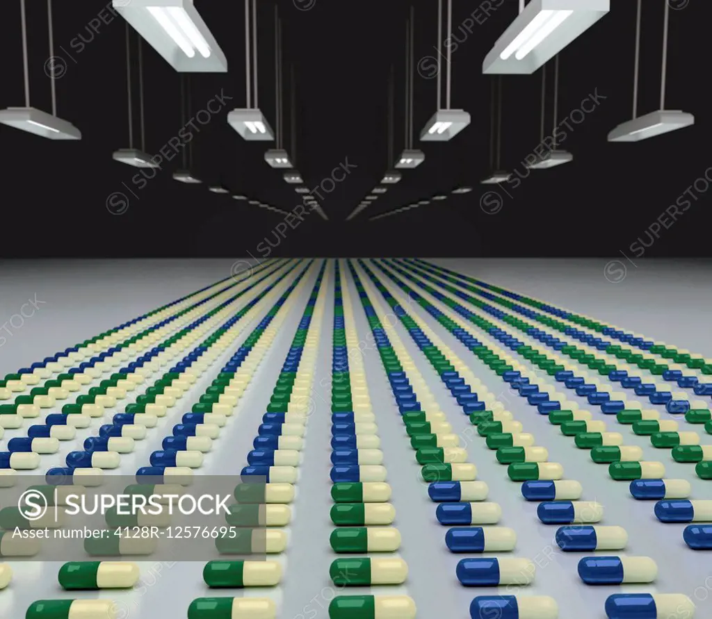 Thousands of fluoxetine capsules lined up in a gloomy industrial setting