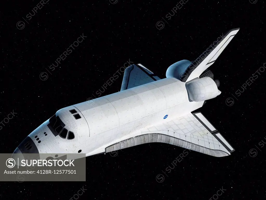 Space shuttle in space, computer illustration.