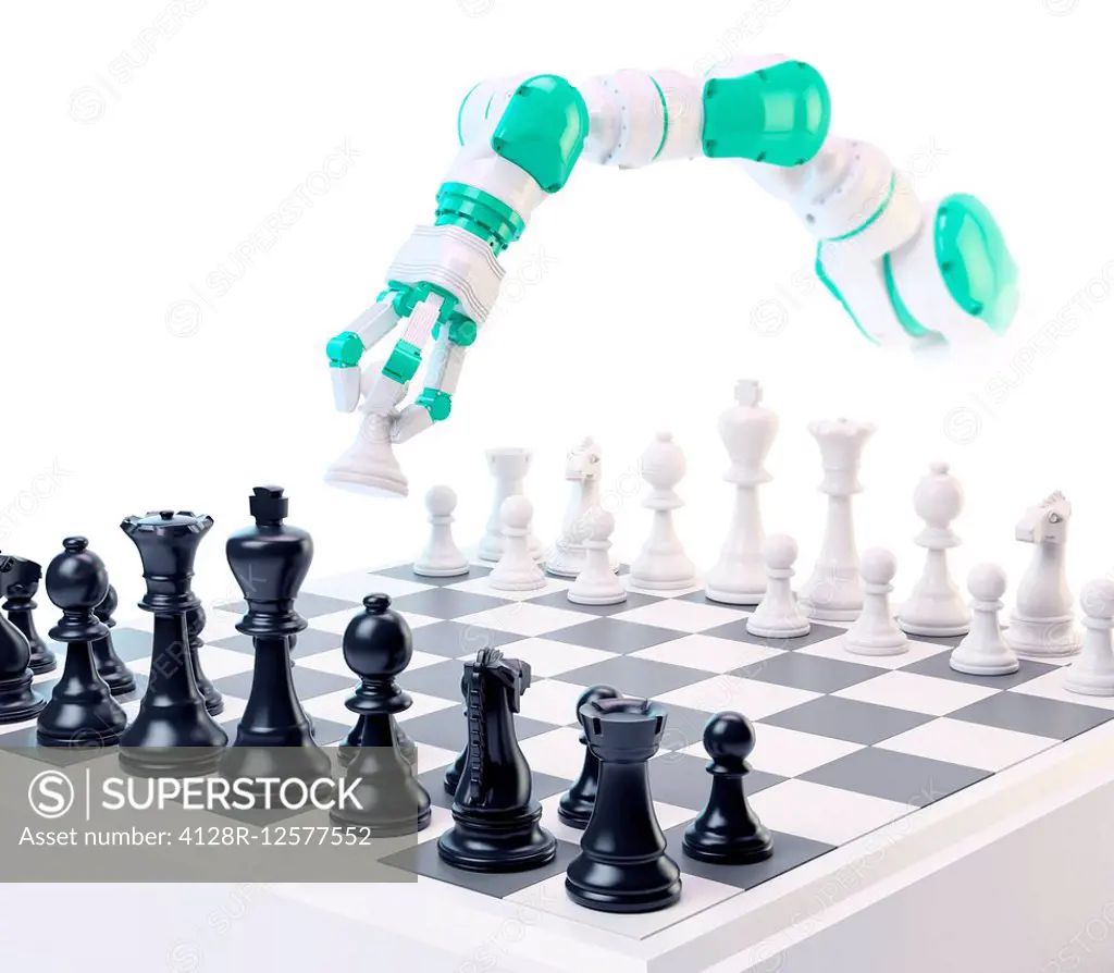 Robotic arm playing chess, computer illustration.