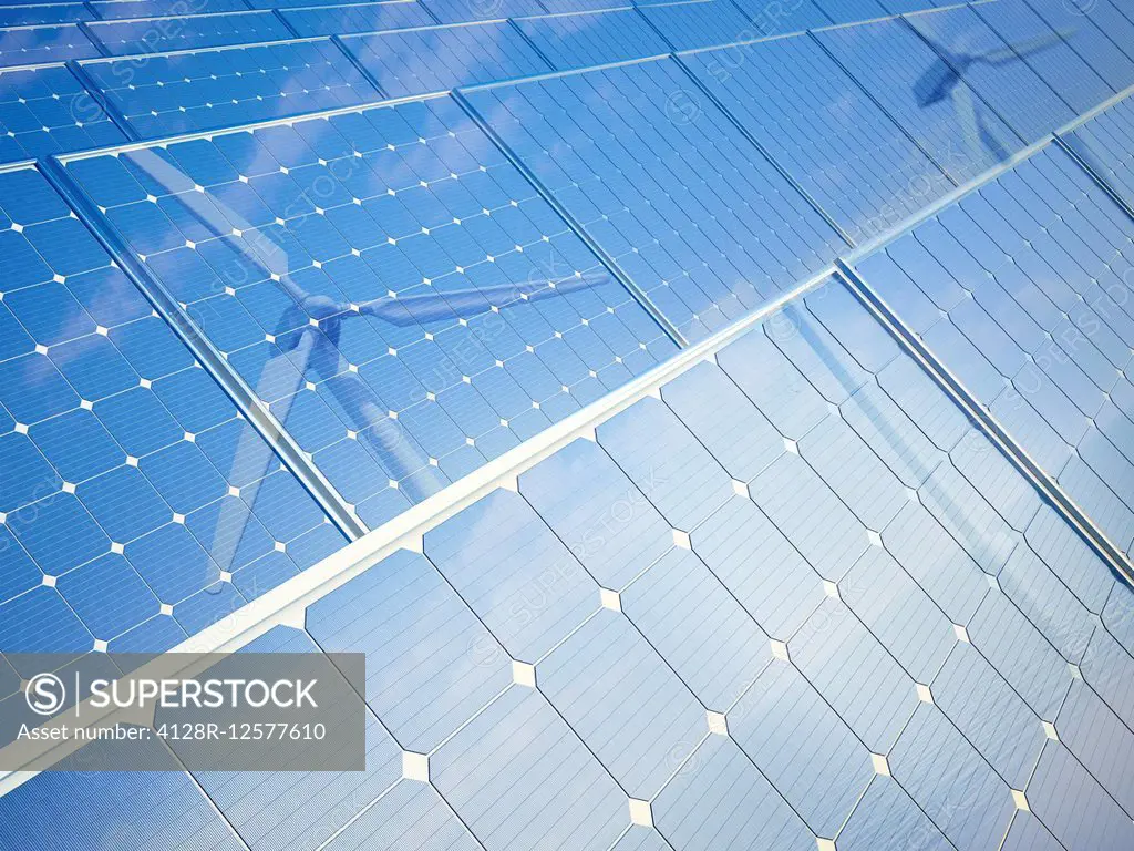 Photovoltaic panels and wind turbines, computer illustration.