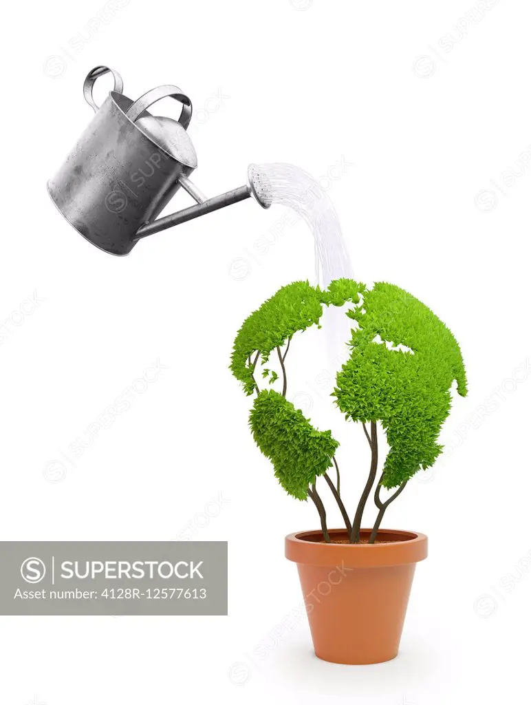 Pot plant in the shape of the Earth being watered, computer illustration.