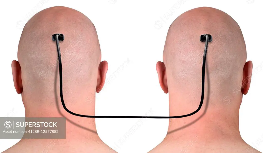 Two heads connected by a wire, computer artwork.