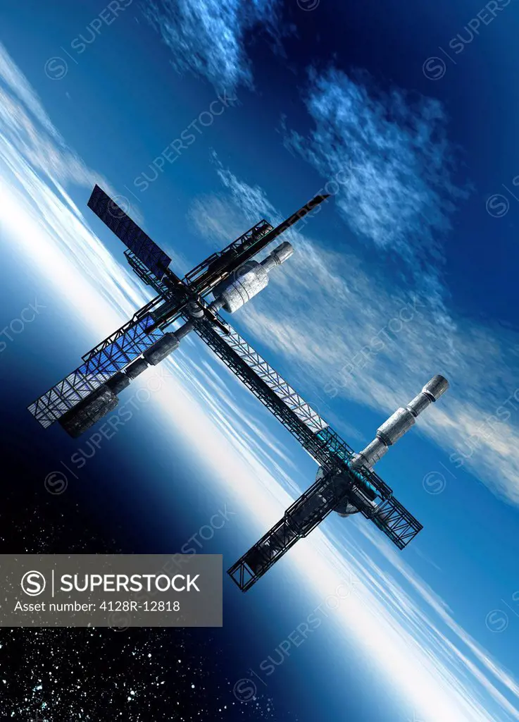 Space station. Computer artwork of a space station orbiting the Earth.