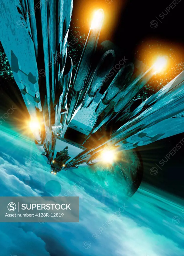 Space travel. Computer artwork of a spaceship approaching a planet.