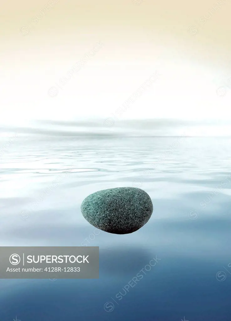 Relaxation, conceptual computer artwork. Stone floating over a tranquil sea.