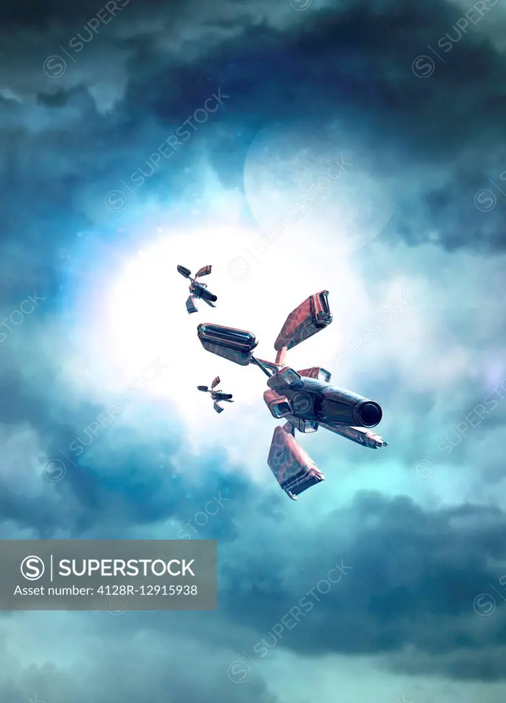 Spacecraft in the clouds, illustration