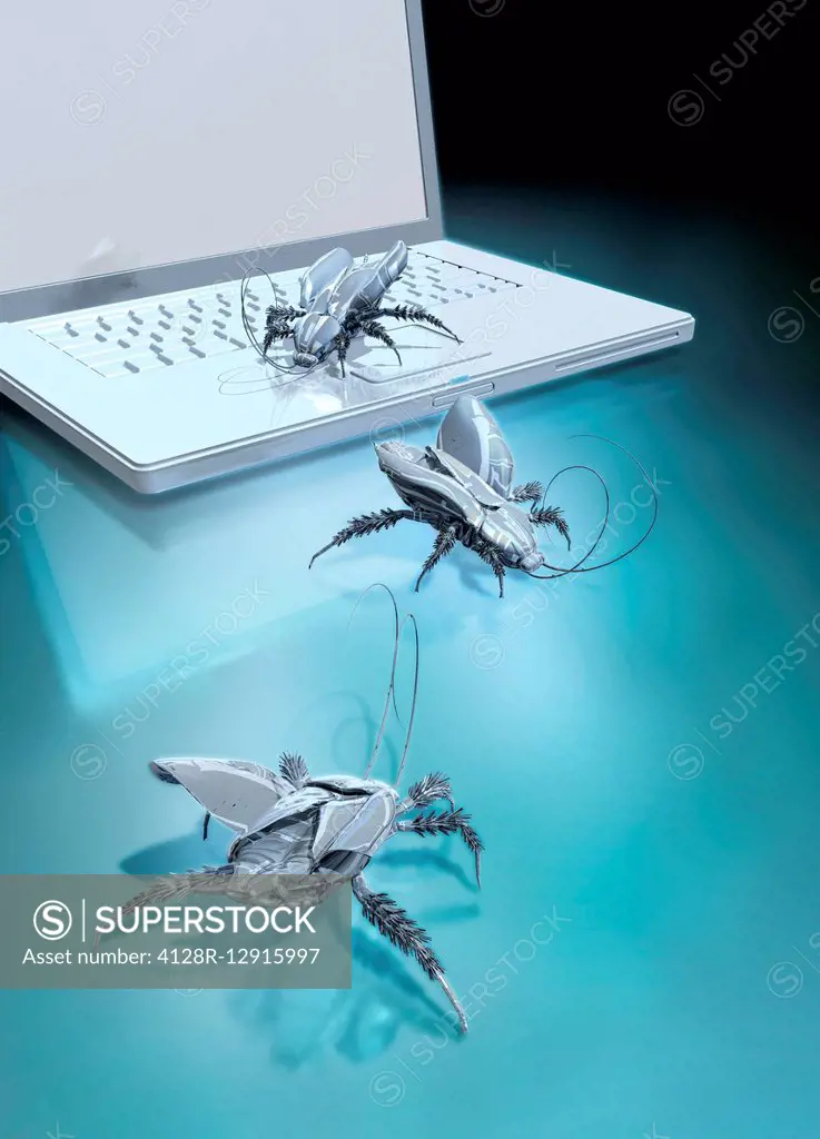 Robotic bugs and a laptop, illustration