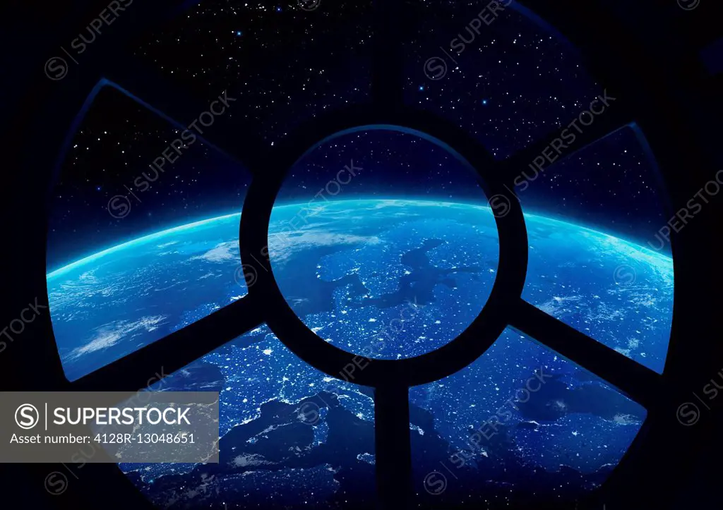 Round window on a space station with a view of Earth, illustration.