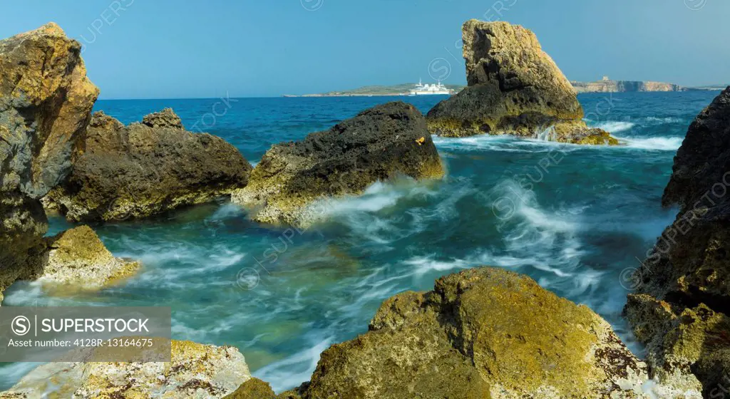 Rocks in the sea, Gozo, Malta.