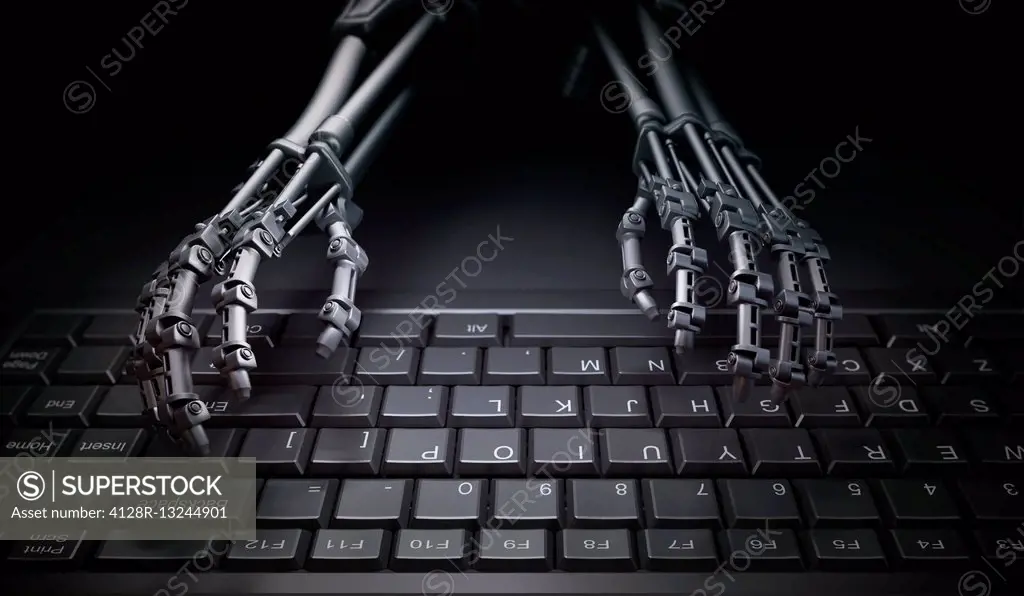 Robotic hands typing on computer keyboard, illustration.