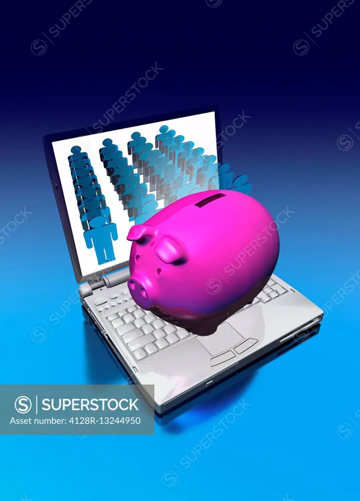 Pink piggy bank on laptop, illustration.