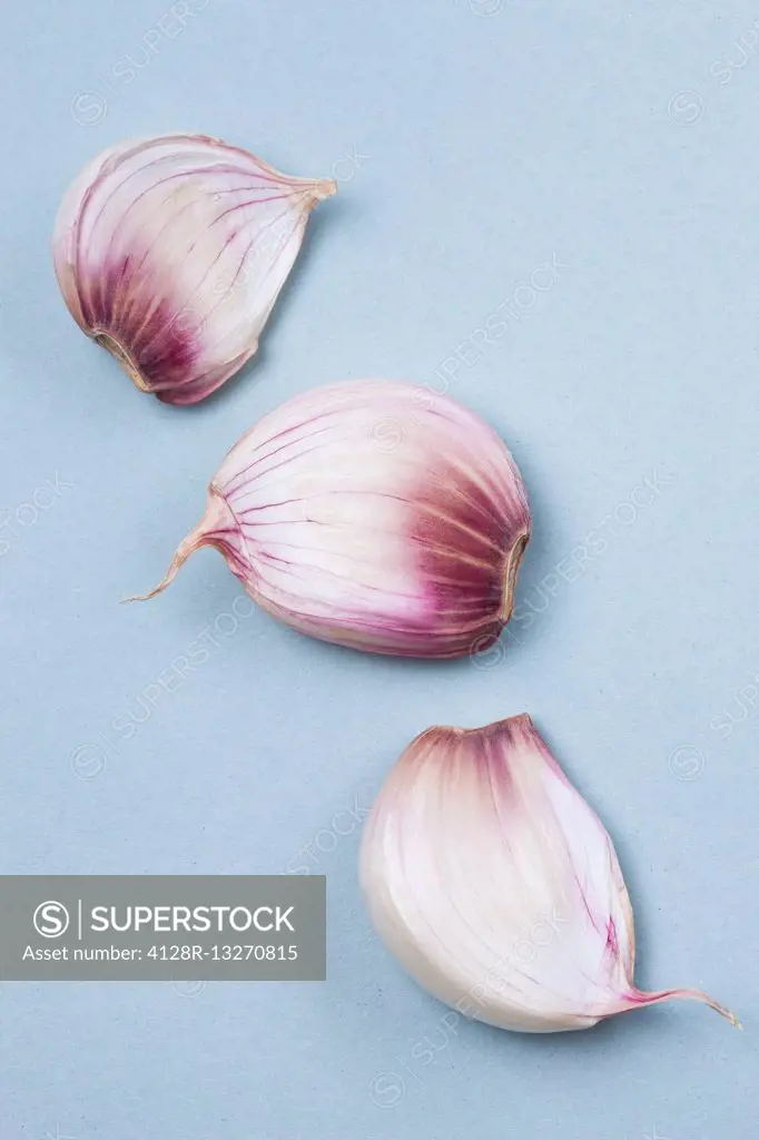 Garlic cloves against a blue background.