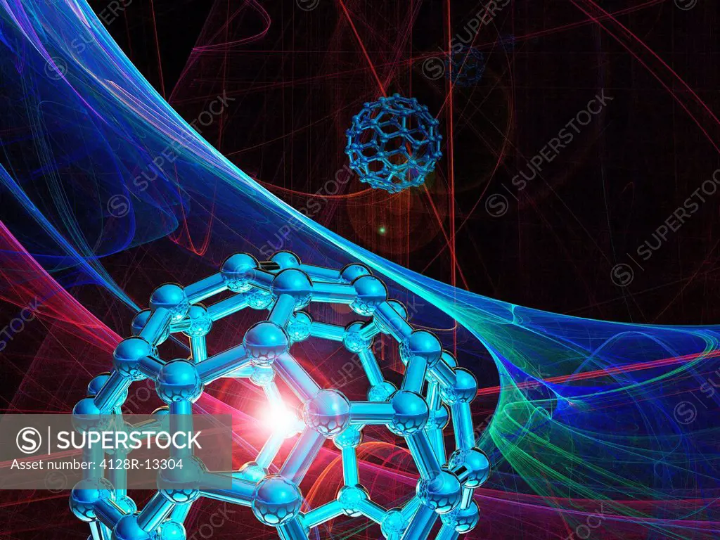 Buckyball molecules, computer artwork.