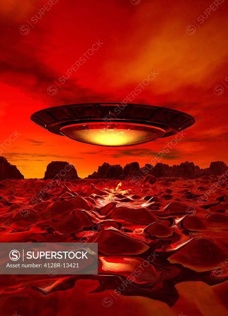 Alien spacecraft over an alien planet, computer artwork.