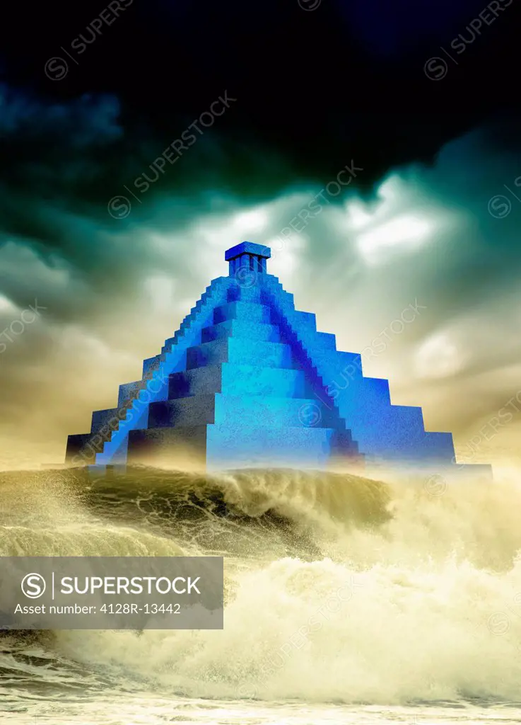 End of the World in 2012 conceptual computer artwork. Maya pyramid surrounded by a stormy sky and high waves.