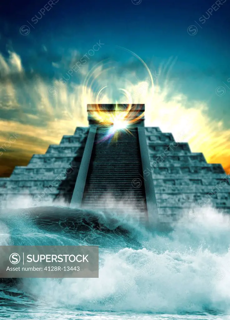 End of the World in 2012 conceptual computer artwork. Large waves at the base of a Maya pyramid.