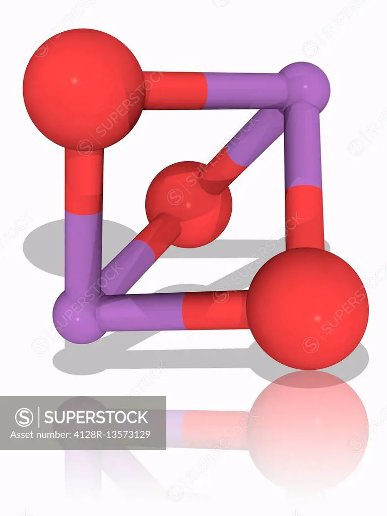 Arsenic trioxide. Molecular model of the inorganic chemical arsenic trioxide (As2.O3). This chemical is used in the chemical industry as a precursor t...