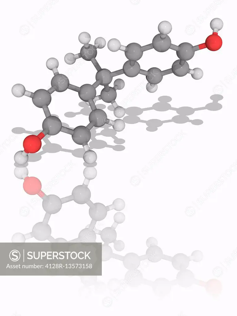 Bisphenol A. Molecular model of the organic compound bisphenol A (BPA, C15.H16.O2). This chemical is used to fabricate polycarbonate polymers and epox...