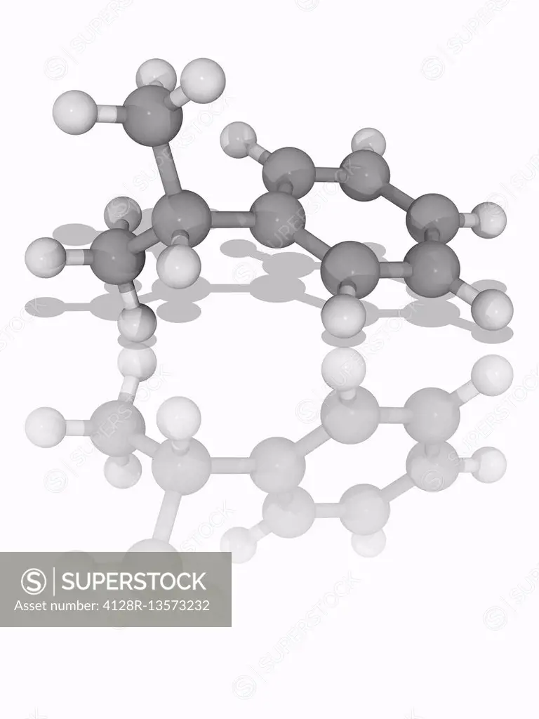 Cumene. Molecular model of the aromatic hydrocarbon cumene (C9.H12). Also known as isopropylbenzene, this is a constituent of crude oil and refined fu...